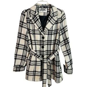 JOUJOU Pea‎ Coat L Belted Plaid Fully Lined Wool Blend Jacket Cream/Black